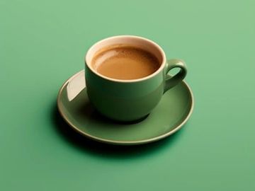 Green cup and saucer with coffee on a green surface.