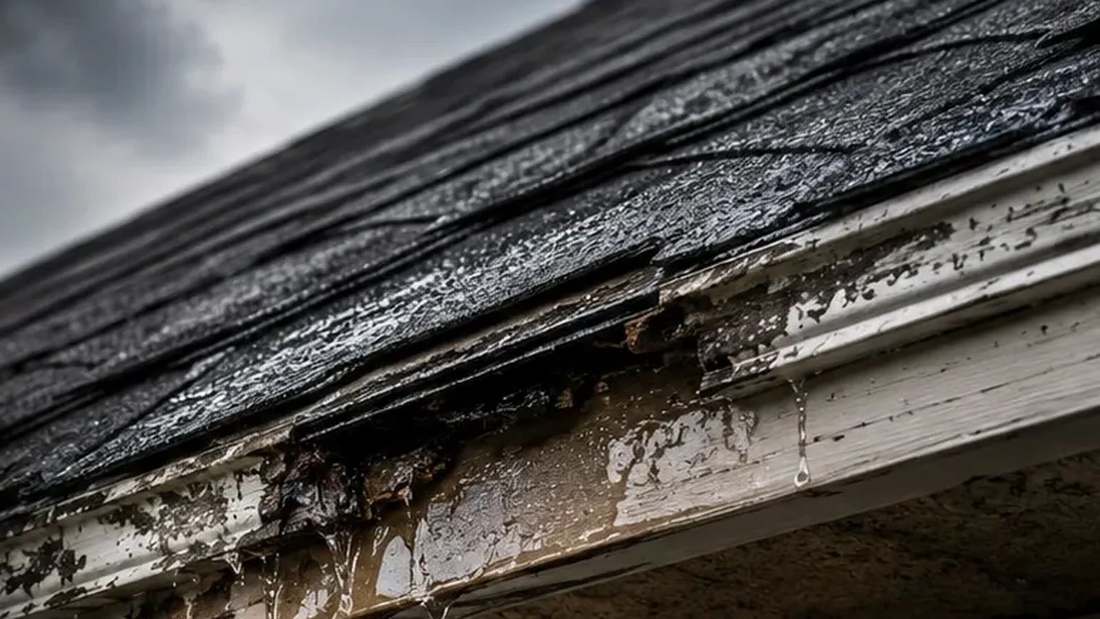 Roof leak area near shingles and flashing being inspected for water entry.