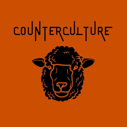 Black sheep illustration with 'counterculture' text on orange background.