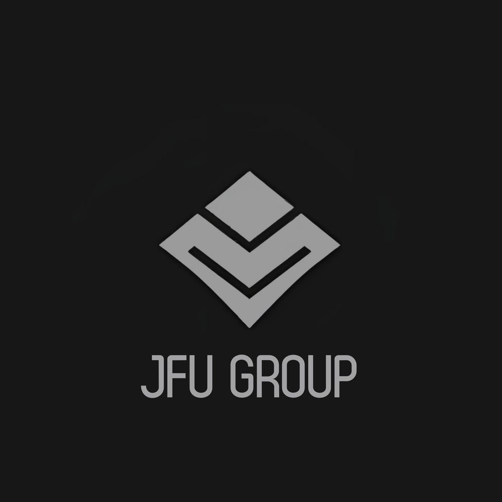 Minimalistic gray geometric logo with the text 'JFU GROUP' on a black background.