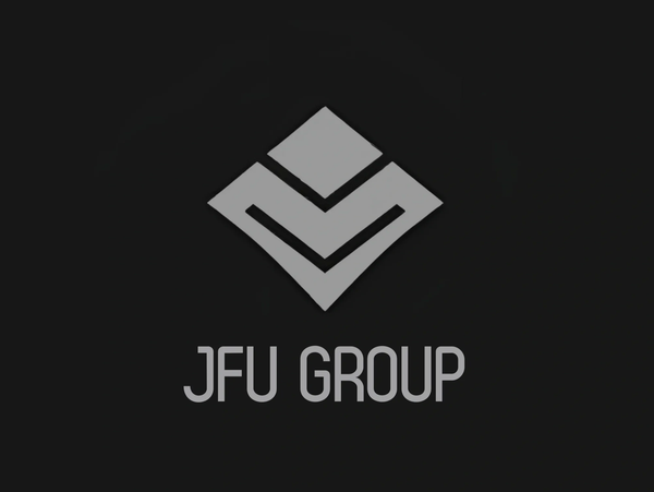 JFU Group logo with a modern geometric design in grey on black.