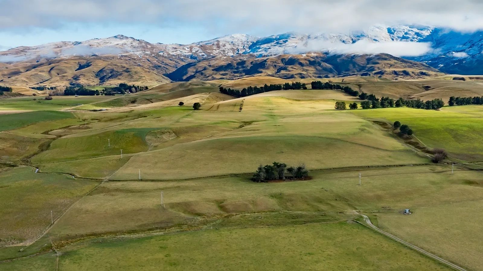 Vast green fields with rolling hills and snow-capped mountains under a partly cloudy sky.