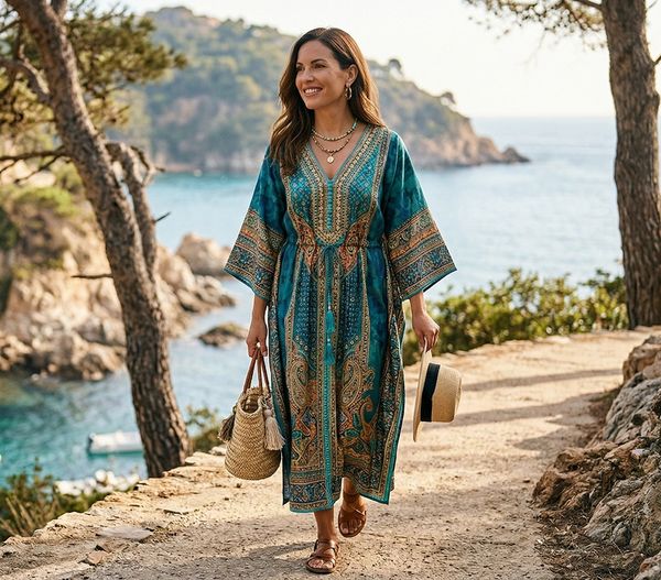 Woman in a teal patterned dress walking on a coastal path holding a straw hat.