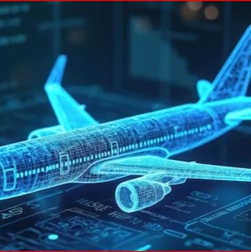 3D holographic airplane model displayed over technical data screens.