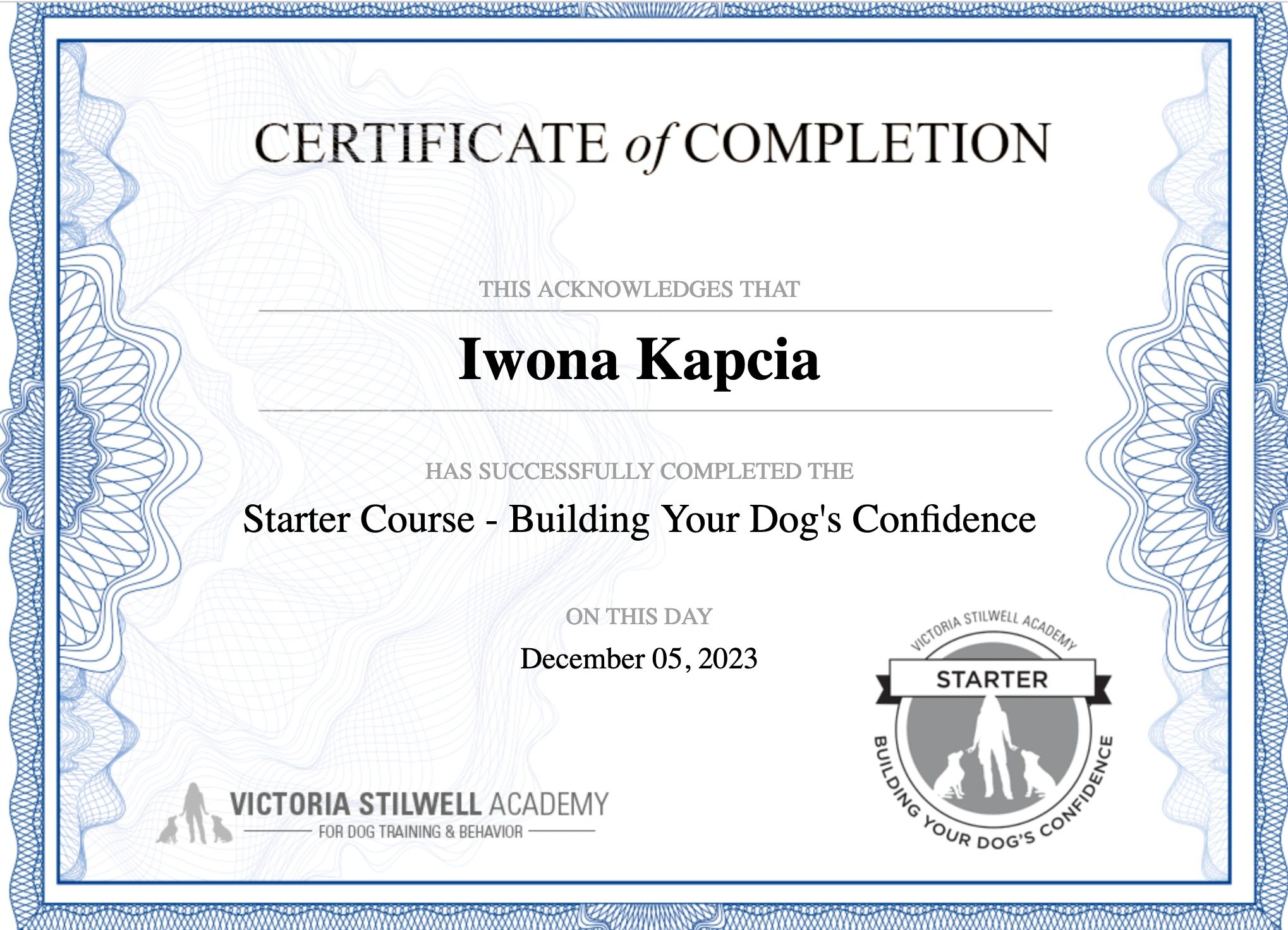 Certificate awarded to Iwona Kapcia for completing a dog training course.