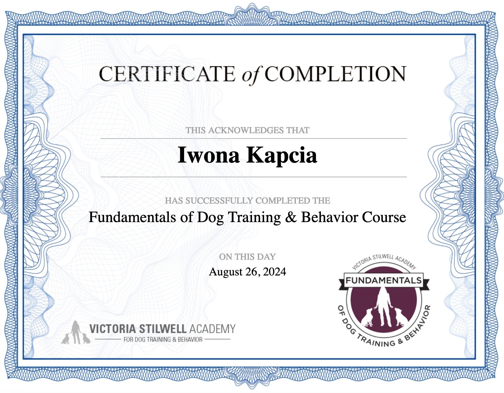 Certificate awarded to Iwona Kapcia for completing dog training fundamentals.