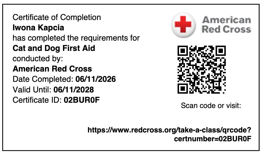Certificate of Completion for Cat and Dog First Aid by American Red Cross.