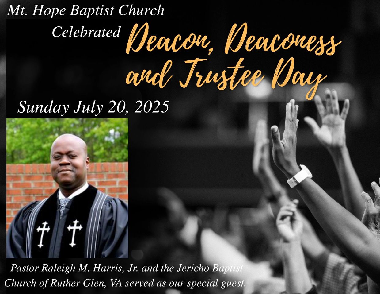 Church event celebrating Deacon, Deaconess, and Trustee Day with raised hands in worship.