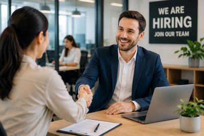 Man and woman shaking hands in job interview.