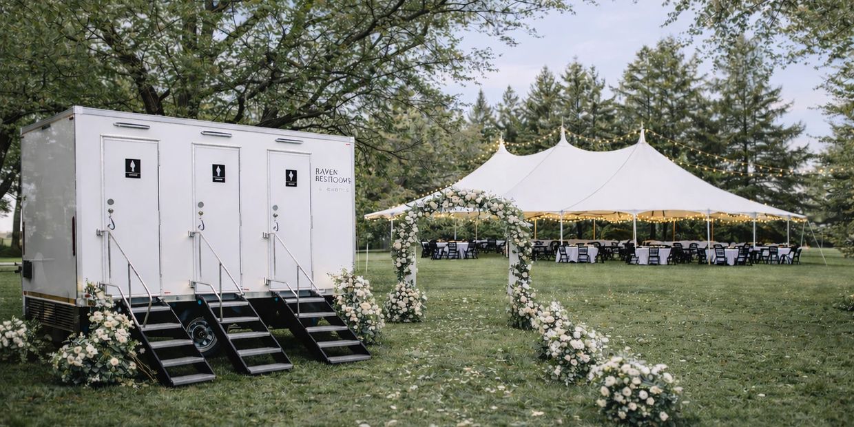 Mobile restroom trailer at outdoor wedding