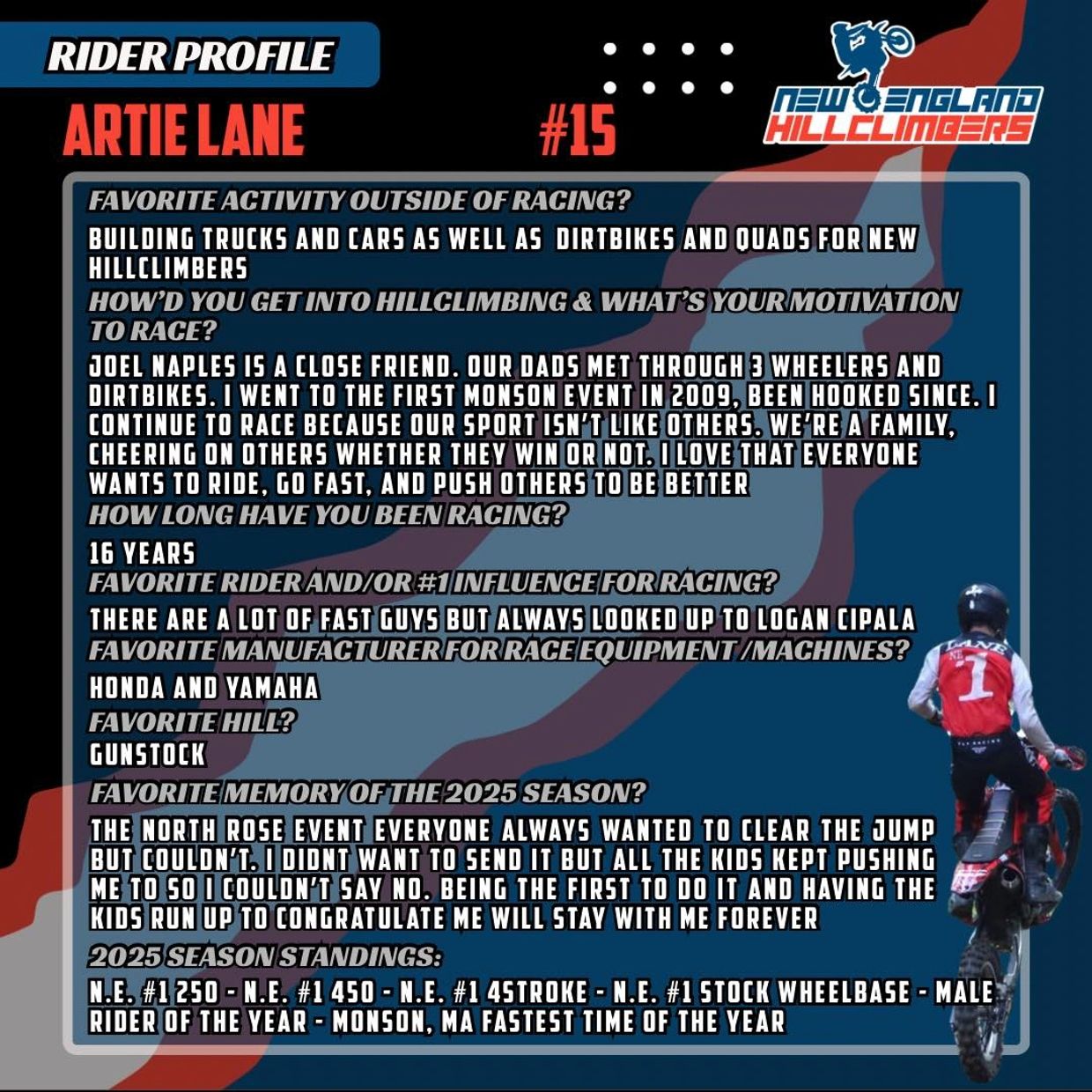 Rider profile page for Artie Lane, #15.