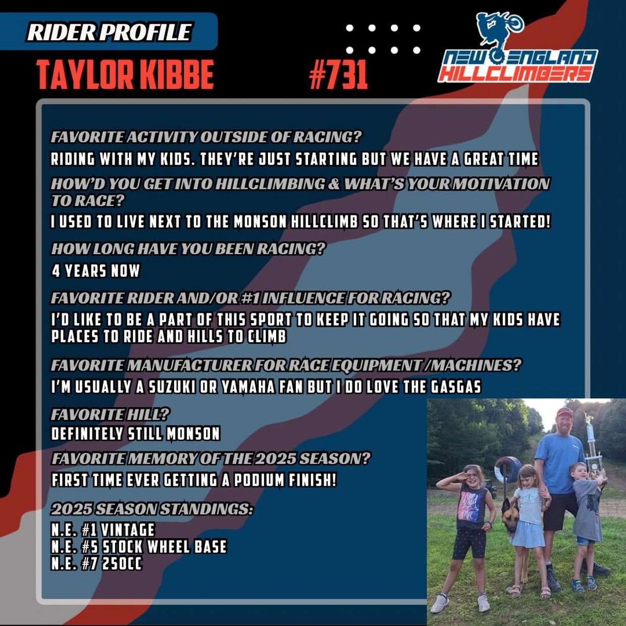 Rider profile page for Taylor Kibbe, #731