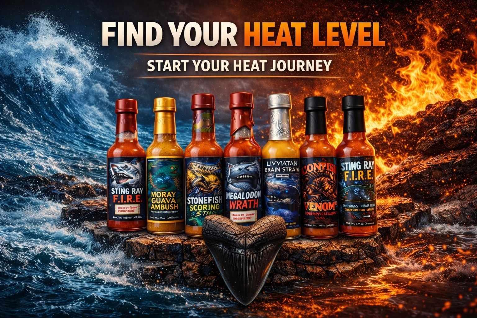 Hot sauce lineup with fiery water and lava backdrop, inviting heat seekers to find their spice level.