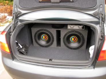Car trunk with two subwoofers installed.