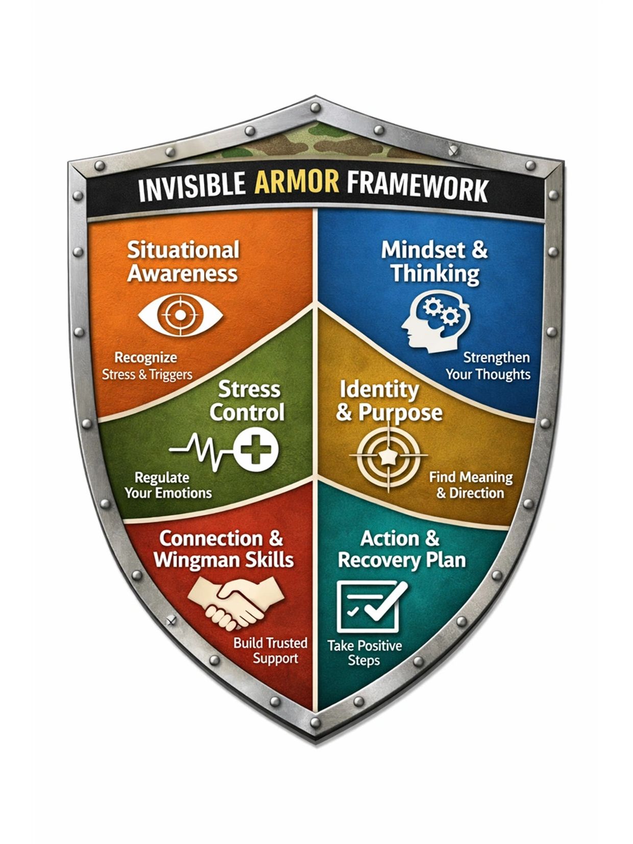 Shield diagram of the Invisible Armor Framework with six protective skills.