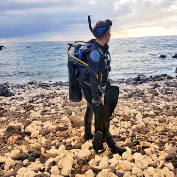 Image of diver on a rocky beach