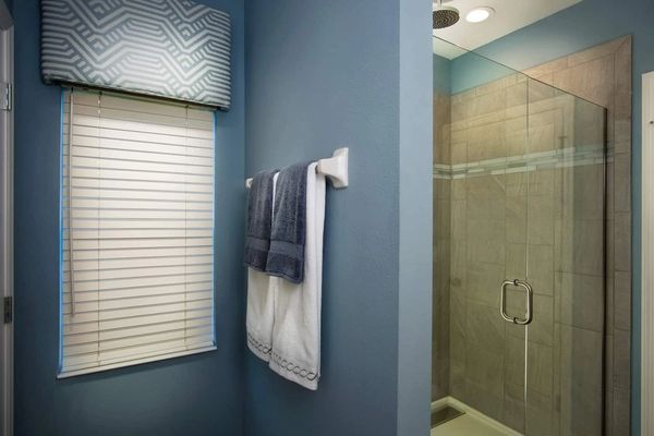 MASTER BEDROOM cordless white faux wood blinds. San Antonio, TX. NEW BRAUNFELS, TX. AUSTIN, TX.