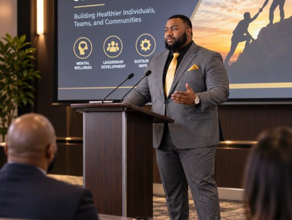 Man giving a presentation on wellness and leadership development.