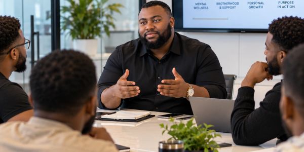Man leading a discussion with a group in a meeting room.