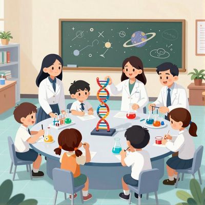 Students and teachers engaged in a science lesson around a table.