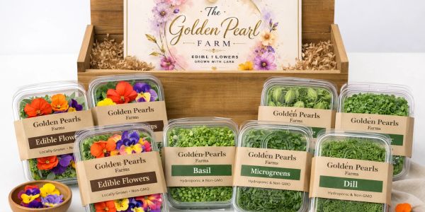 Assorted edible flowers and herbs from Golden Pearls Farm in clear containers.