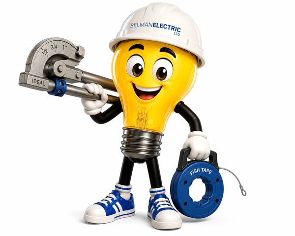 Happy lightbulb character with a hard hat and tools ready for electrical work.