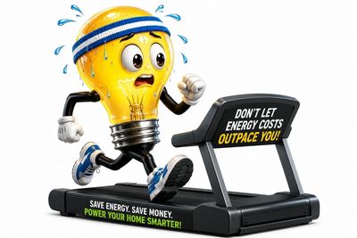 A sweating lightbulb runs on a treadmill with energy-saving messages.