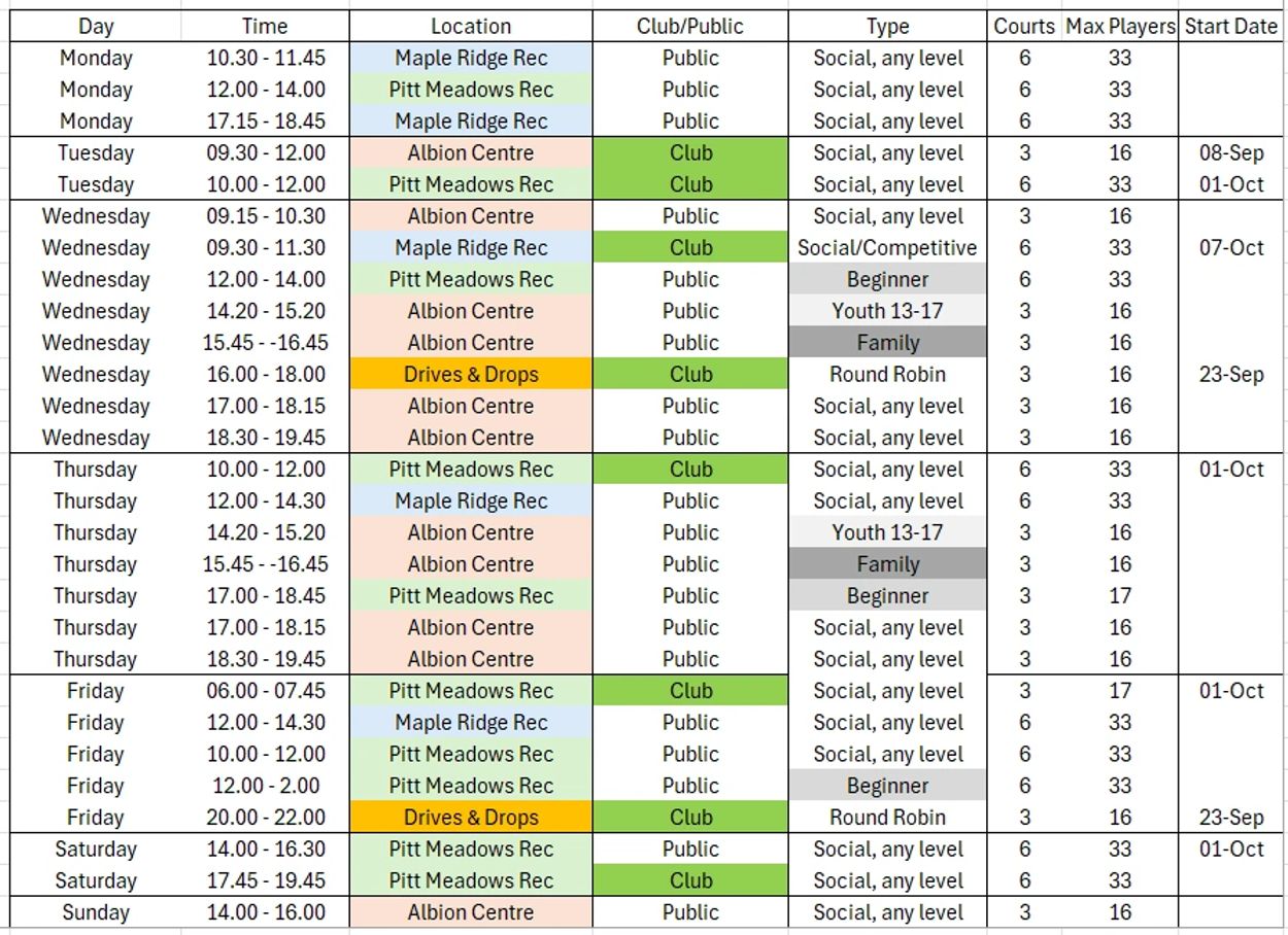 Weekly schedule of social and competitive club activities at various locations.
