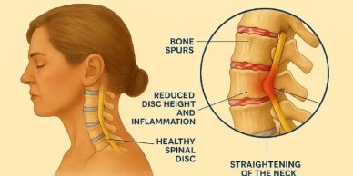 Diagram showing bone spurs and reduced disc height in the neck.