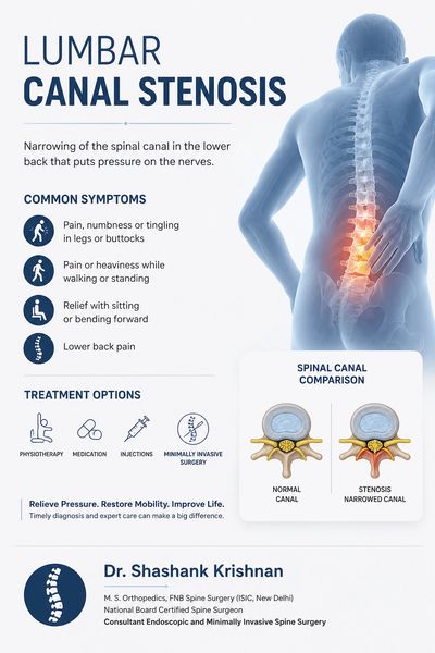 Informational graphic on lumbar canal stenosis symptoms and treatment options.