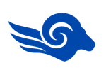 Blue ram head logo with wing-like shapes.