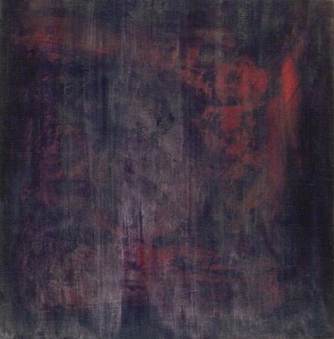 Abstract dark painting with red and purple hues.