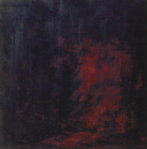 Abstract dark painting with deep red and purple tones.