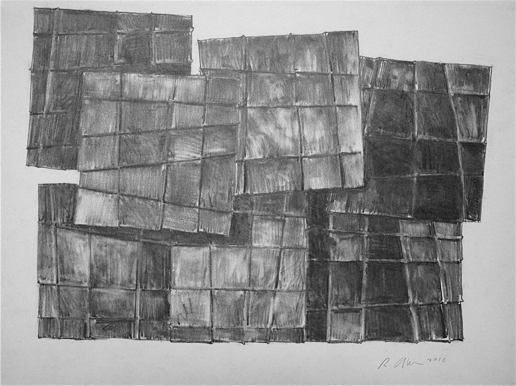 Abstract charcoal drawing of overlapping rectangular grids in varying shades of gray.