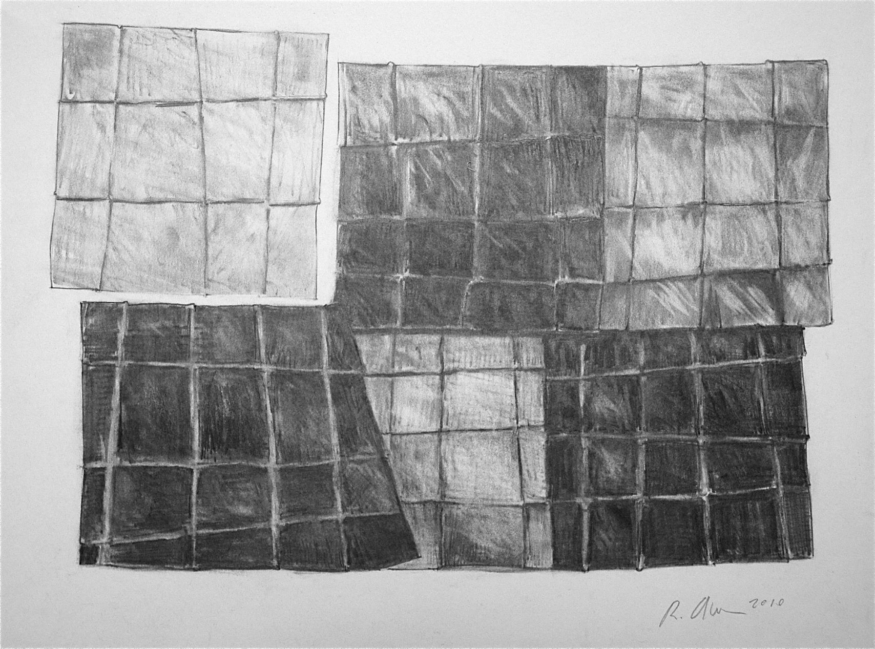 Abstract charcoal drawing of overlapping shaded grids.
