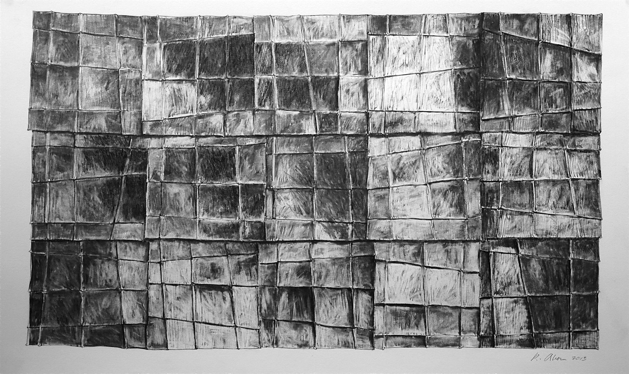 Abstract black and white grid artwork with textured squares.