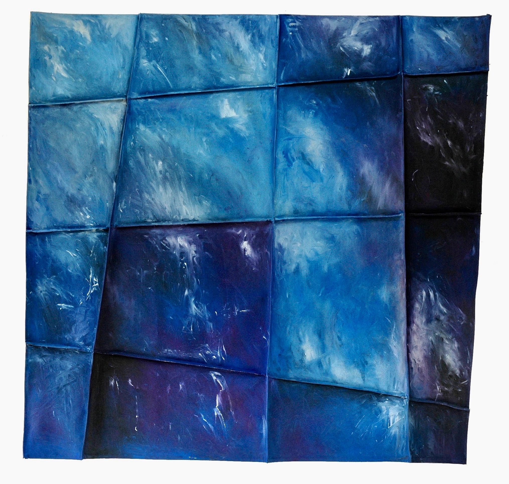 Abstract blue-toned textured artwork composed of rectangular blocks.