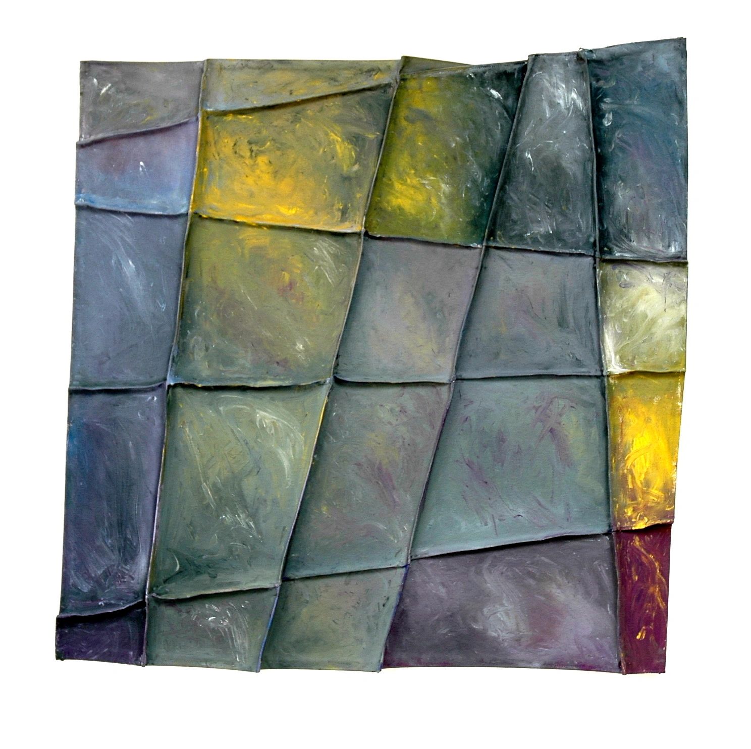 Abstract textured artwork with muted tones and yellow highlights.
