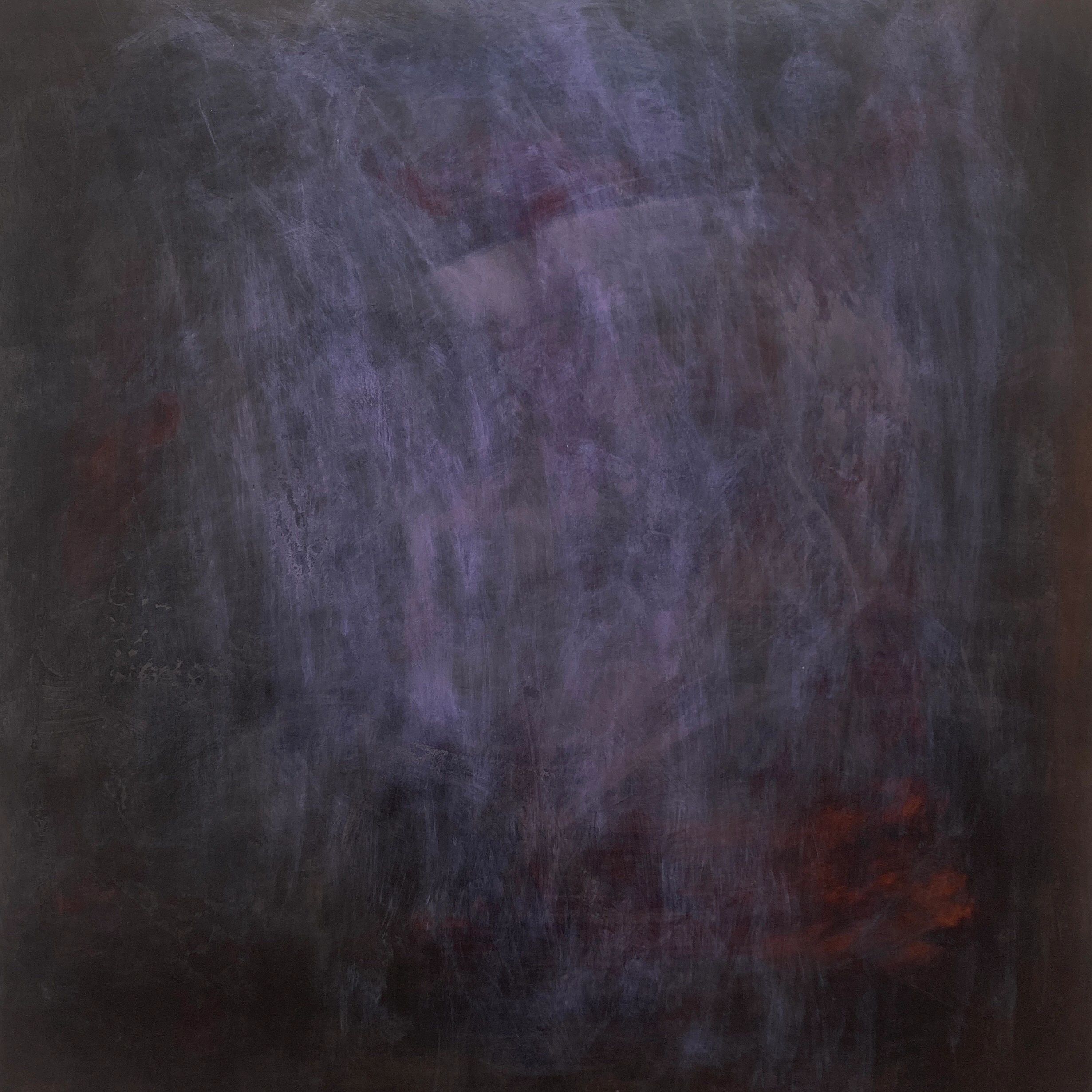 Abstract dark purple and red textured painting.