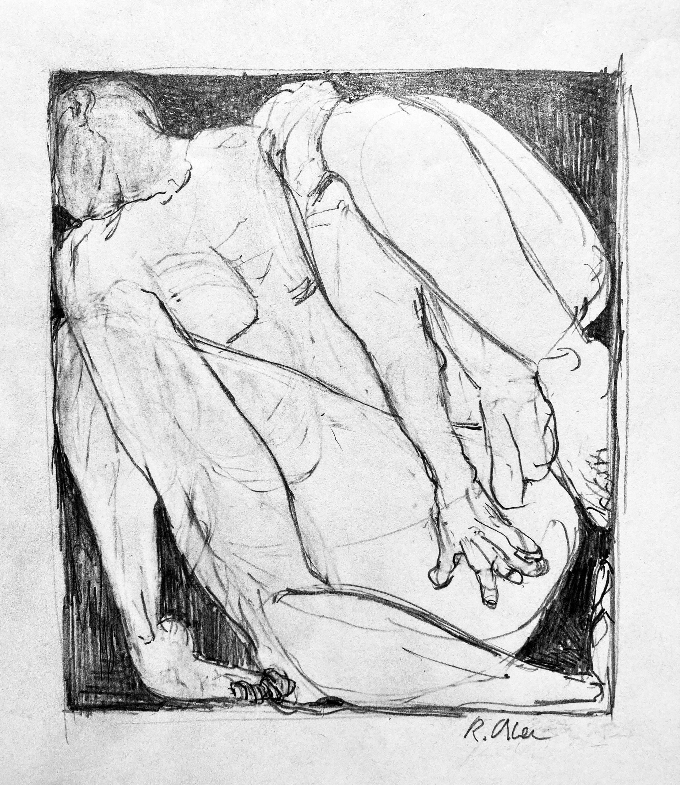 Pencil sketch of a curled-up human figure in a square frame.