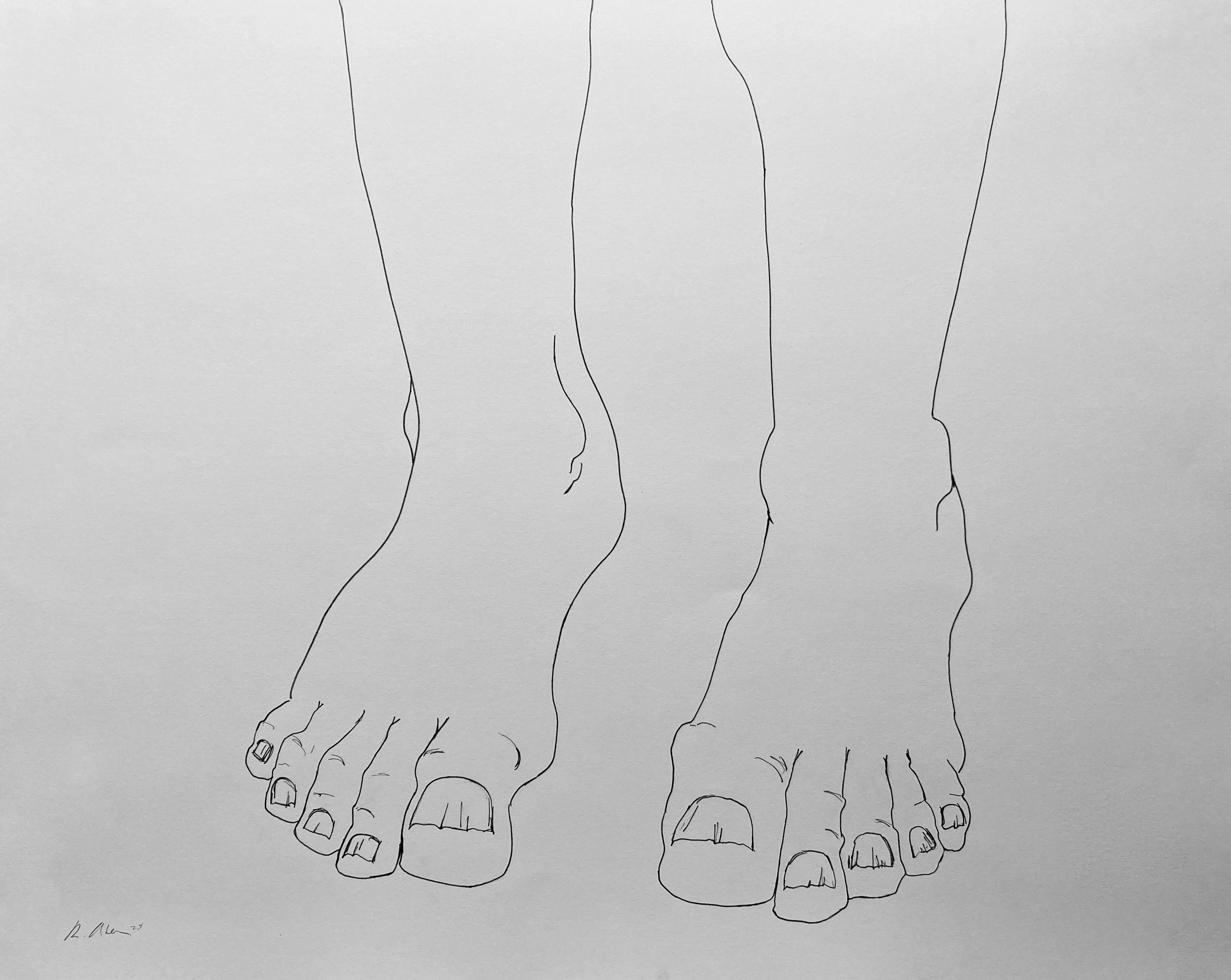 Minimalistic line drawing of human feet with detailed toes and nails.