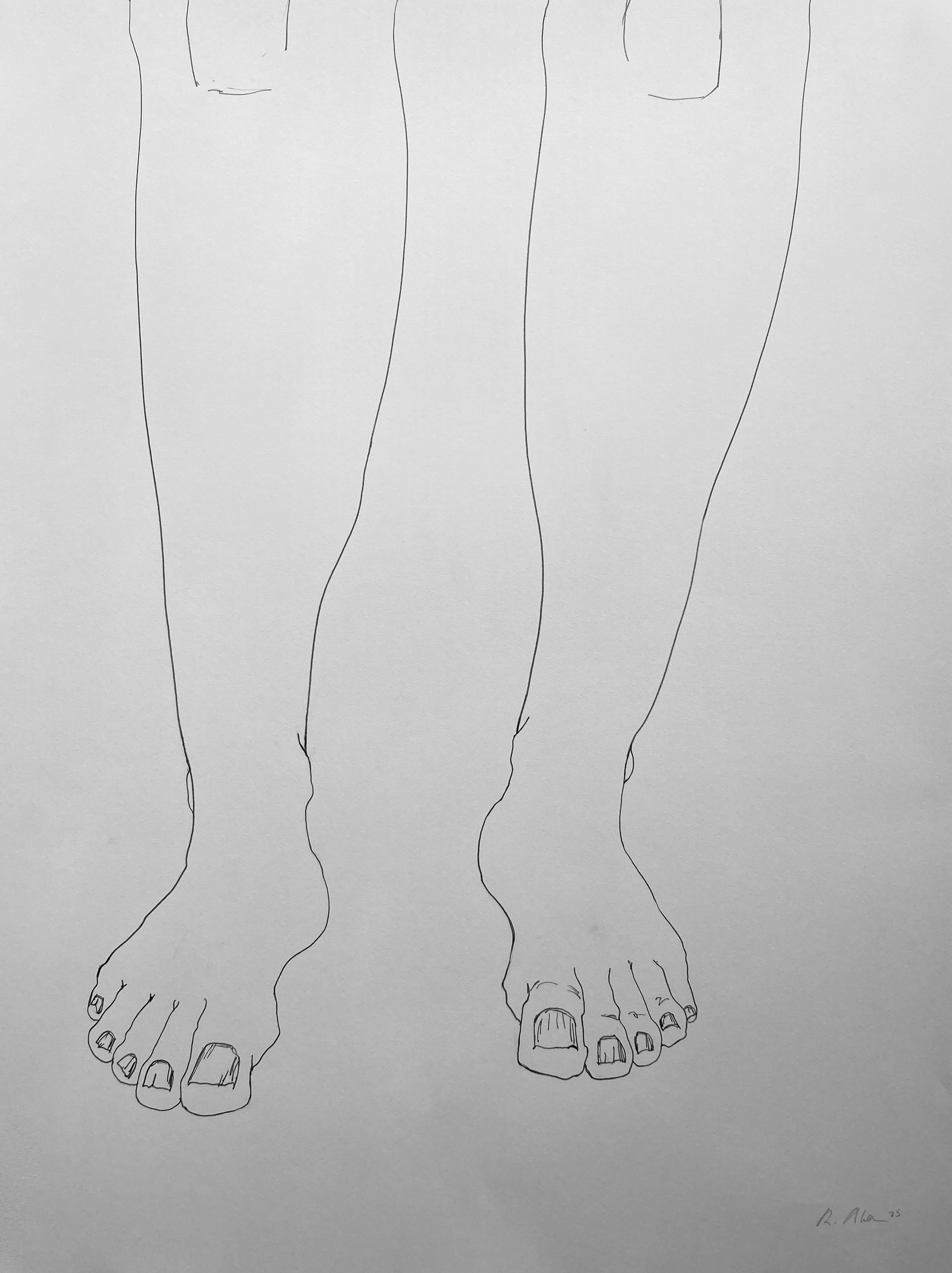 Minimalist line drawing of two human feet and lower legs.