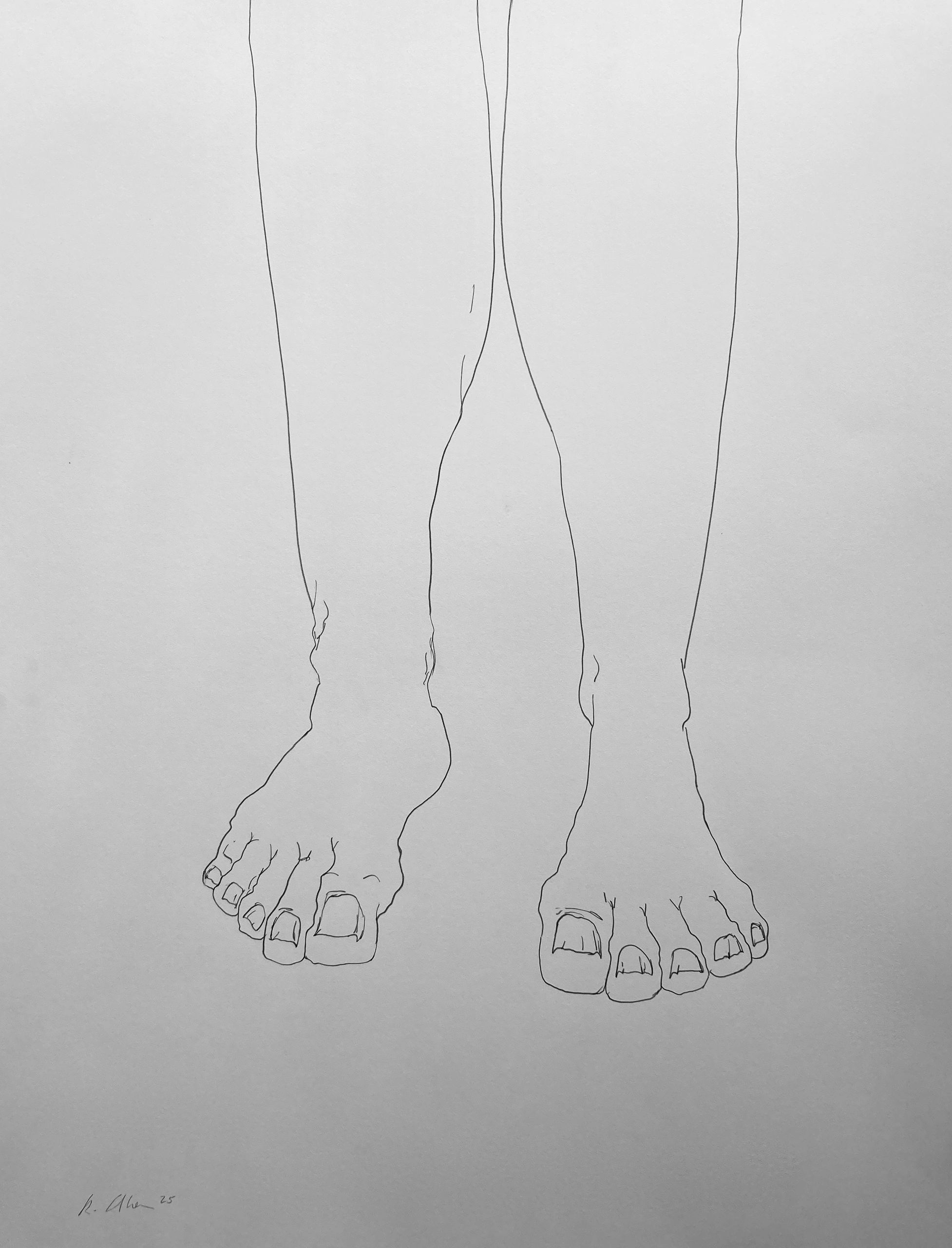 Minimalist line drawing of human legs and feet on white background.