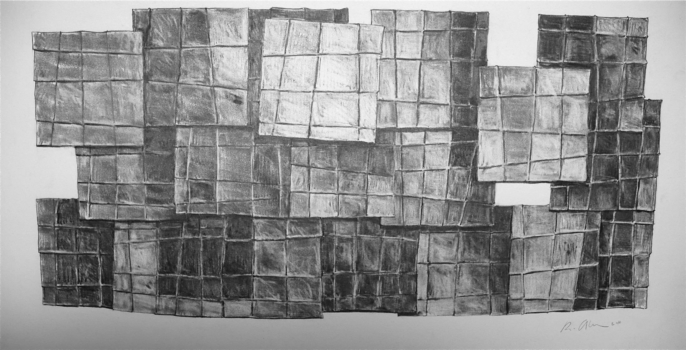 Abstract grayscale artwork of overlapping grid-patterned squares.