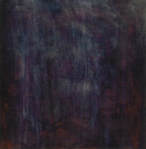 Abstract dark painting with shades of blue and purple.