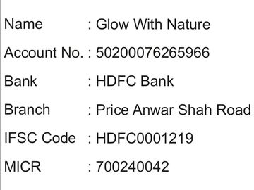 Bank details for Glow With Nature account at HDFC Bank.