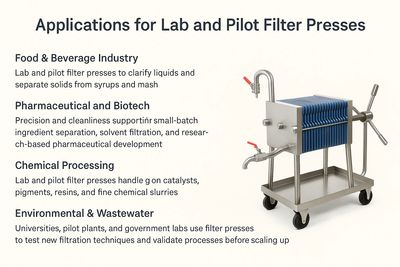 Stainless steel lab filter press shown next to list of applications including food, pharmaceutical, 