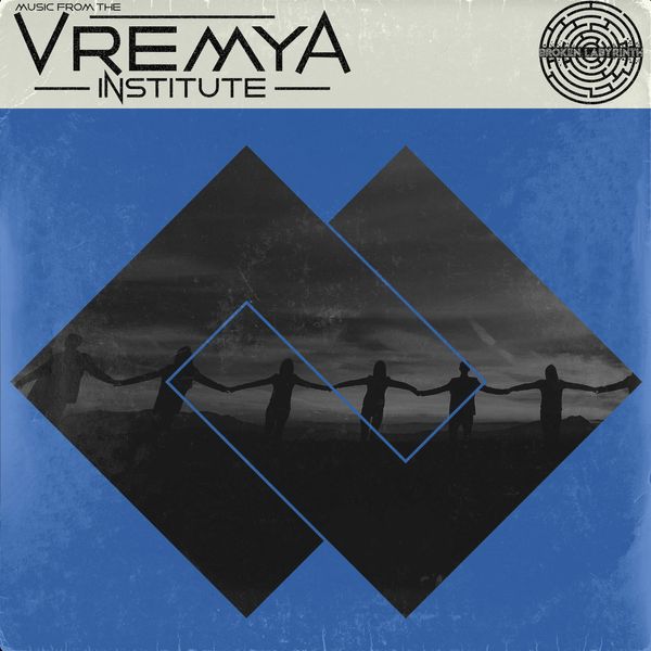Album cover with silhouetted figures holding hands inside geometric shapes on blue background.
