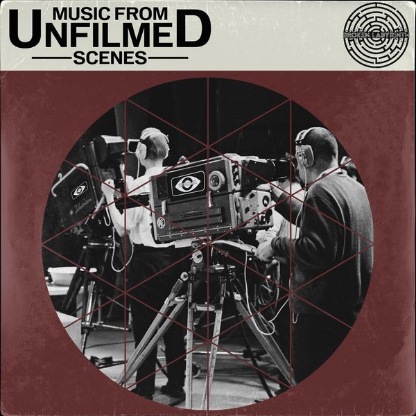 Retro black-and-white photo of a film crew with vintage cameras and headphones.