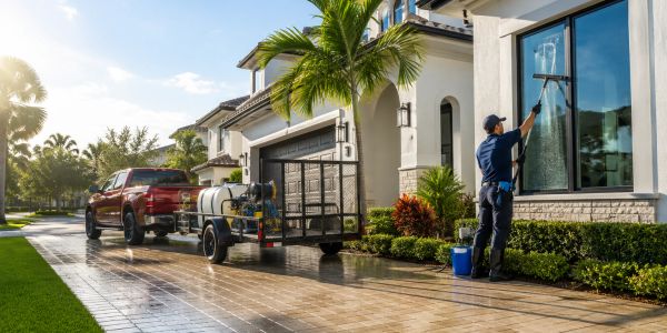 Person cleaning house windows with equipment.